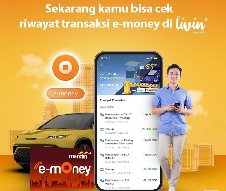 Tutorial lengkap cara melihat riwayat transaksi e-money melalui aplikasi Livin' by Mandiri. (Instagram/@bankmandiri)